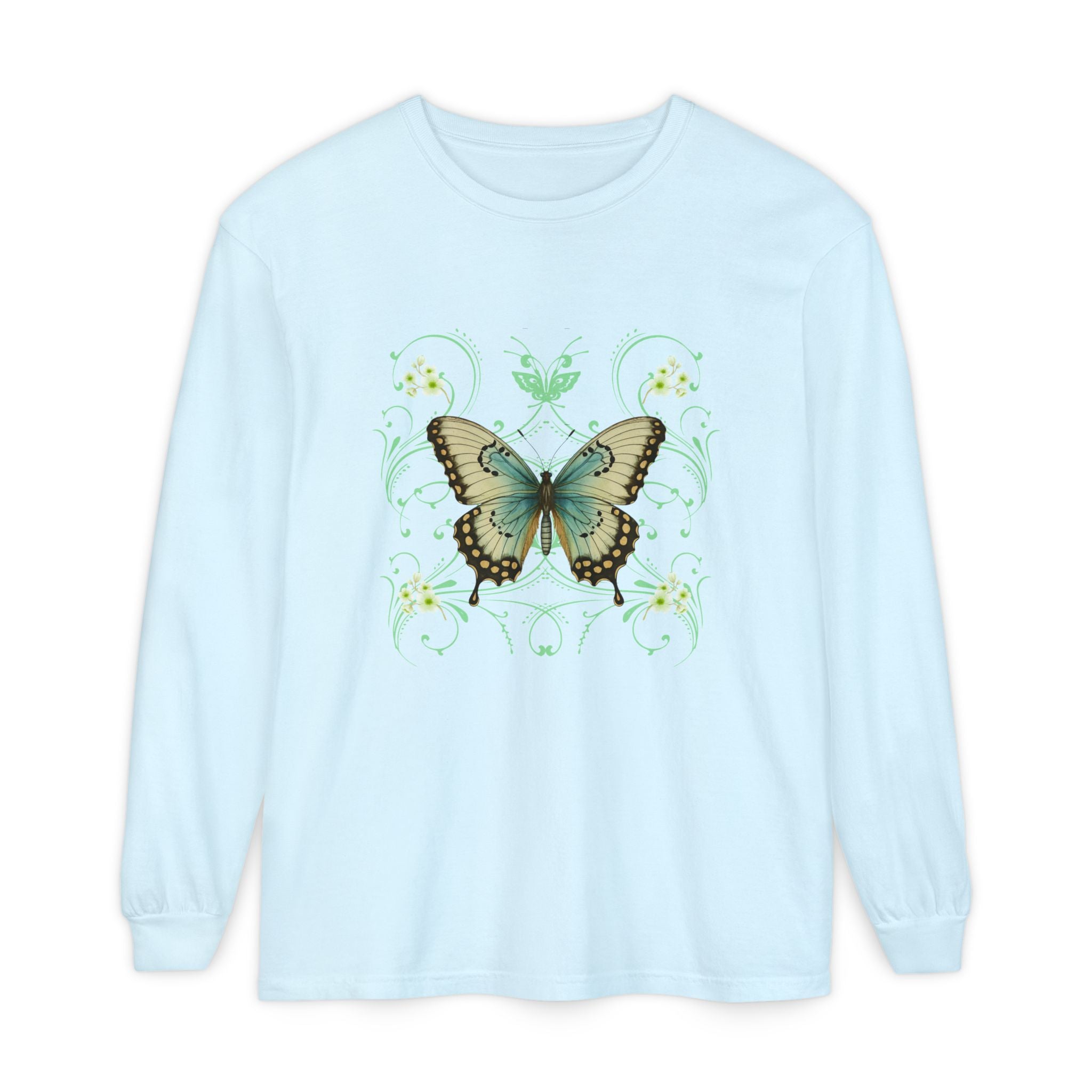 Blue long sleeve, crew neck cotton t shirt has graphic pf a butterfly and  in a 90's style design.