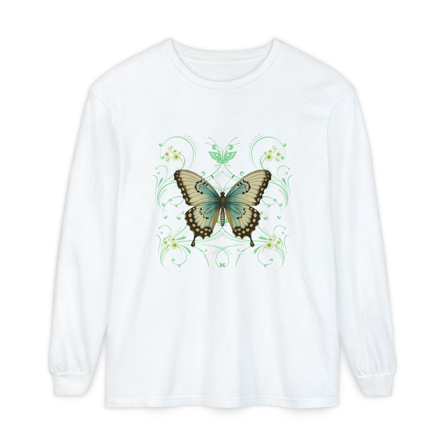 White long sleeve, crew neck cotton t shirt has graphic pf a butterfly and  in a 90's style design.