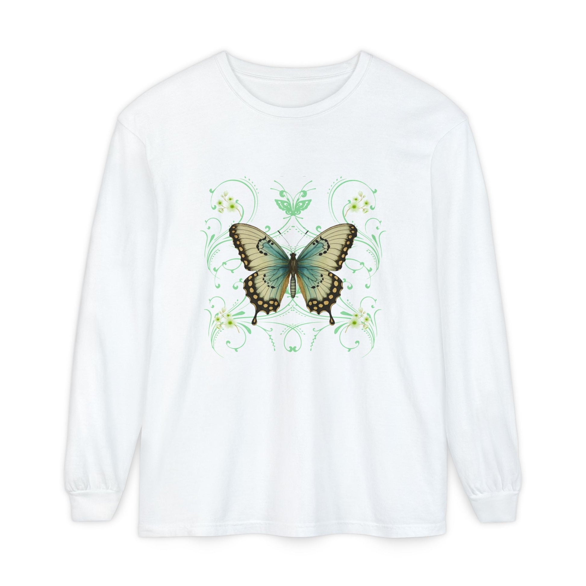 White long sleeve, crew neck cotton t shirt has graphic pf a butterfly and  in a 90's style design.