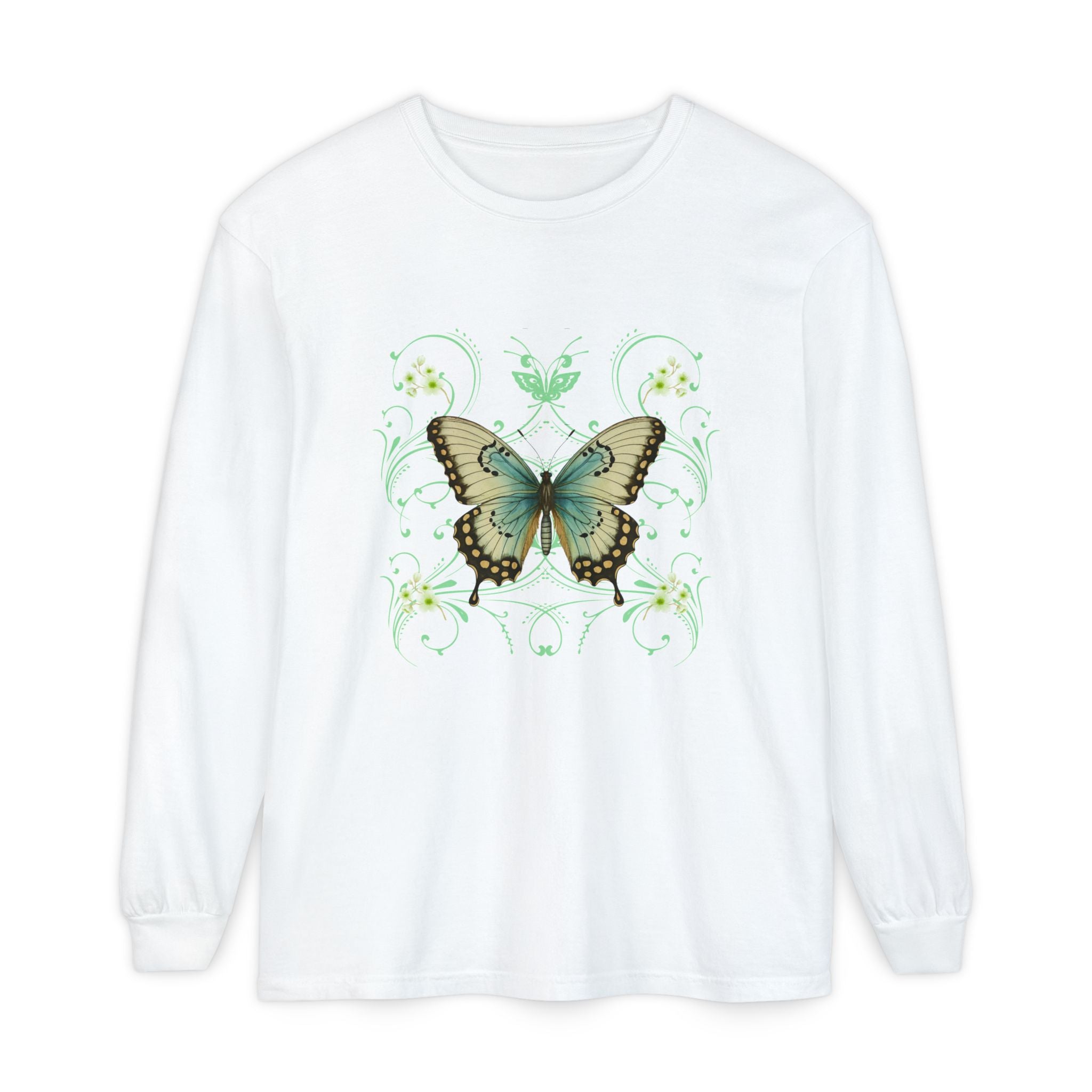 White long sleeve, crew neck cotton t shirt has graphic pf a butterfly and  in a 90's style design.