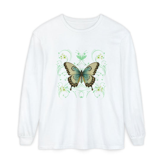 White long sleeve, crew neck cotton t shirt has graphic pf a butterfly and  in a 90's style design.