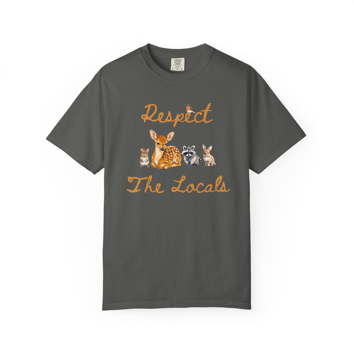 Vintage black short-sleeve crewneck t-shirt featuring a graphic print of a fawn, a raccoon, and a rabbit under the text 'Respect The Locals' in orange-brown script.