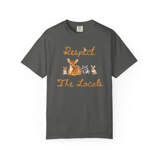 Vintage black short-sleeve crewneck t-shirt featuring a graphic print of a fawn, a raccoon, and a rabbit under the text 'Respect The Locals' in orange-brown script.