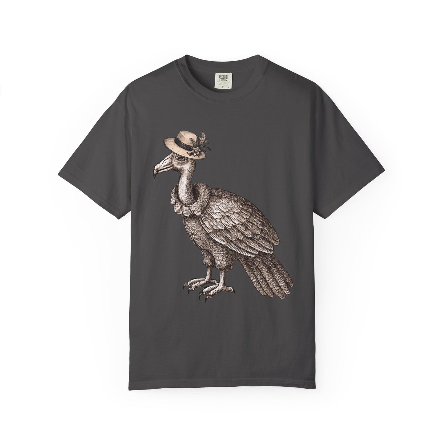 black t-shirt with a graphic of a vulture bird wearing a vintage hat 
