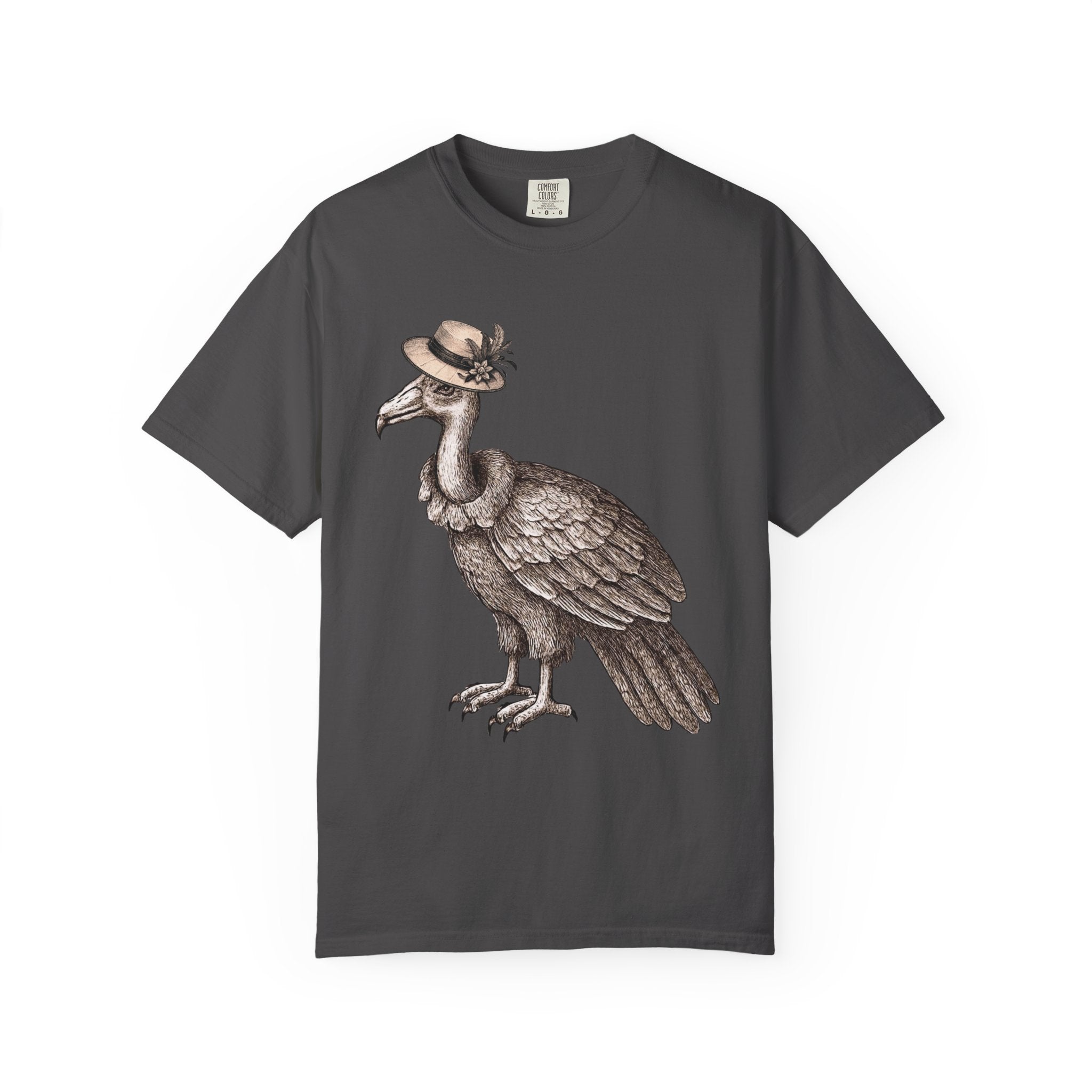 black t-shirt with a graphic of a vulture bird wearing a vintage hat 