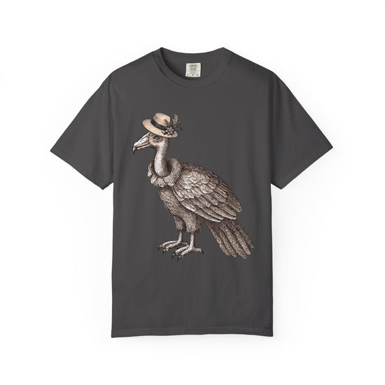 black t-shirt with a graphic of a vulture bird wearing a vintage hat 