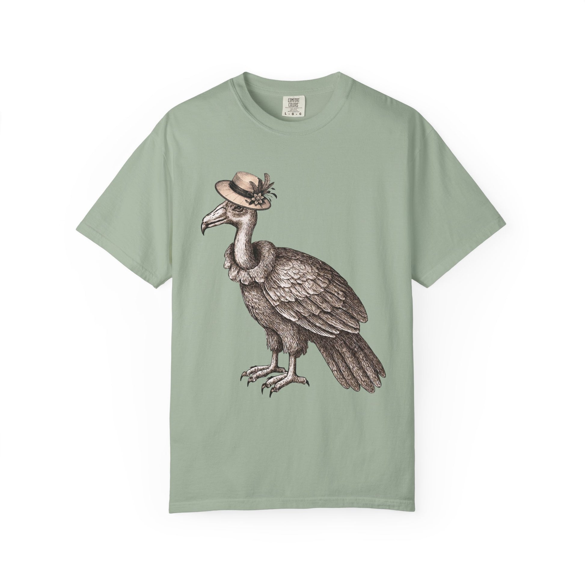 Green t-shirt with a graphic of a vulture bird wearing a vintage hat 