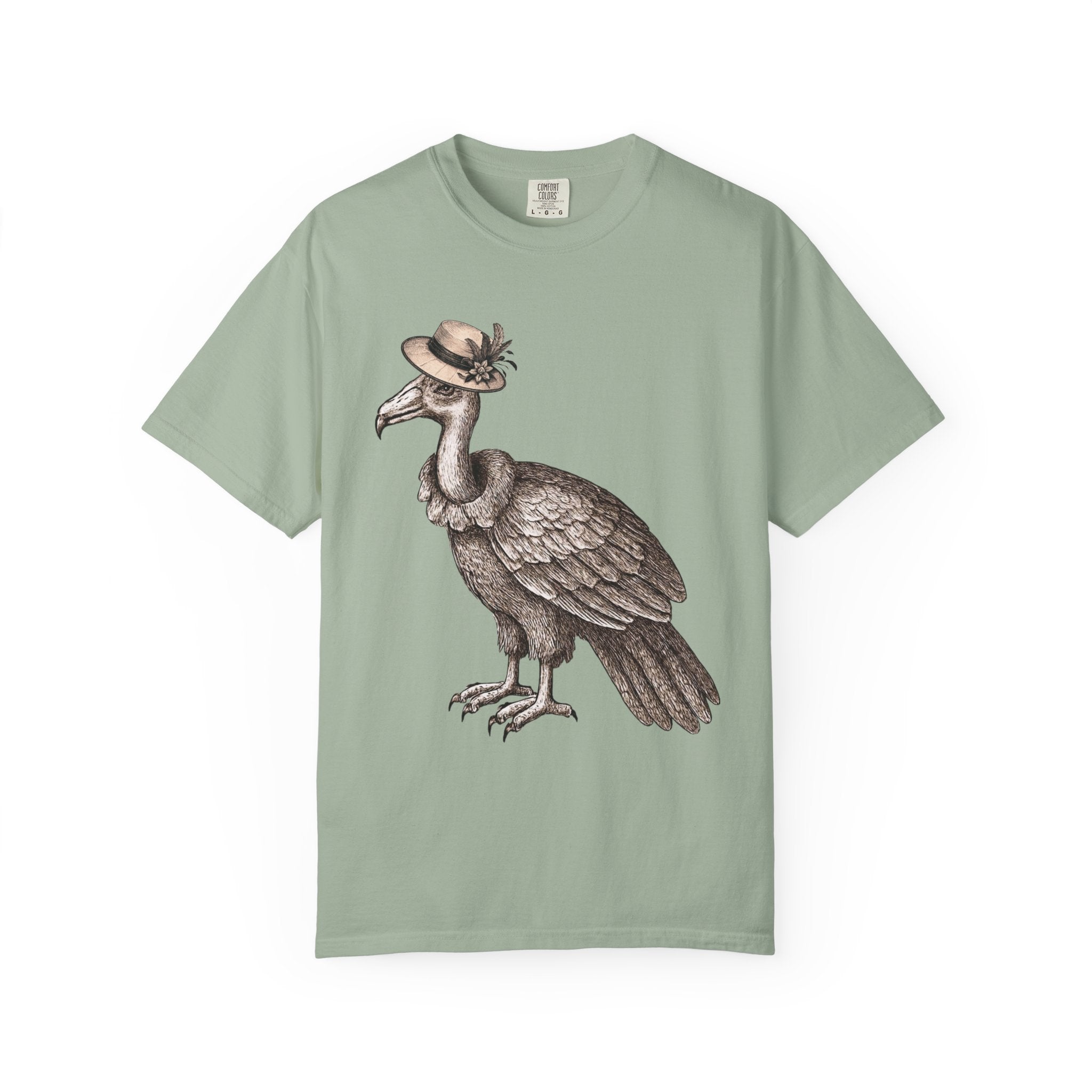 Green t-shirt with a graphic of a vulture bird wearing a vintage hat 
