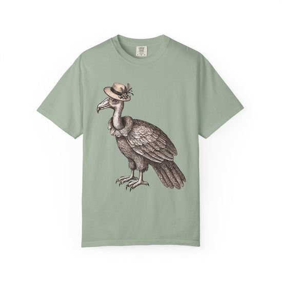 Green t-shirt with a graphic of a vulture bird wearing a vintage hat 