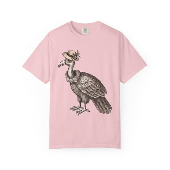 Pink t-shirt with a graphic of a vulture bird wearing a vintage hat 
